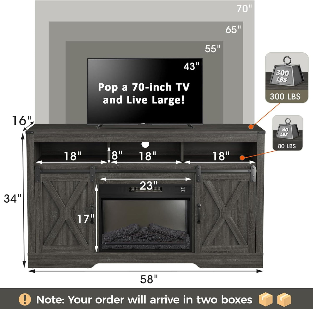RoyalCraft Farmhouse Fireplace TV Stand for 65+ Inch TV, Entertainment Center with 23" Electric Fireplace with Remote, Modern Rustic TV Console with Sliding Bar Door for Living Room