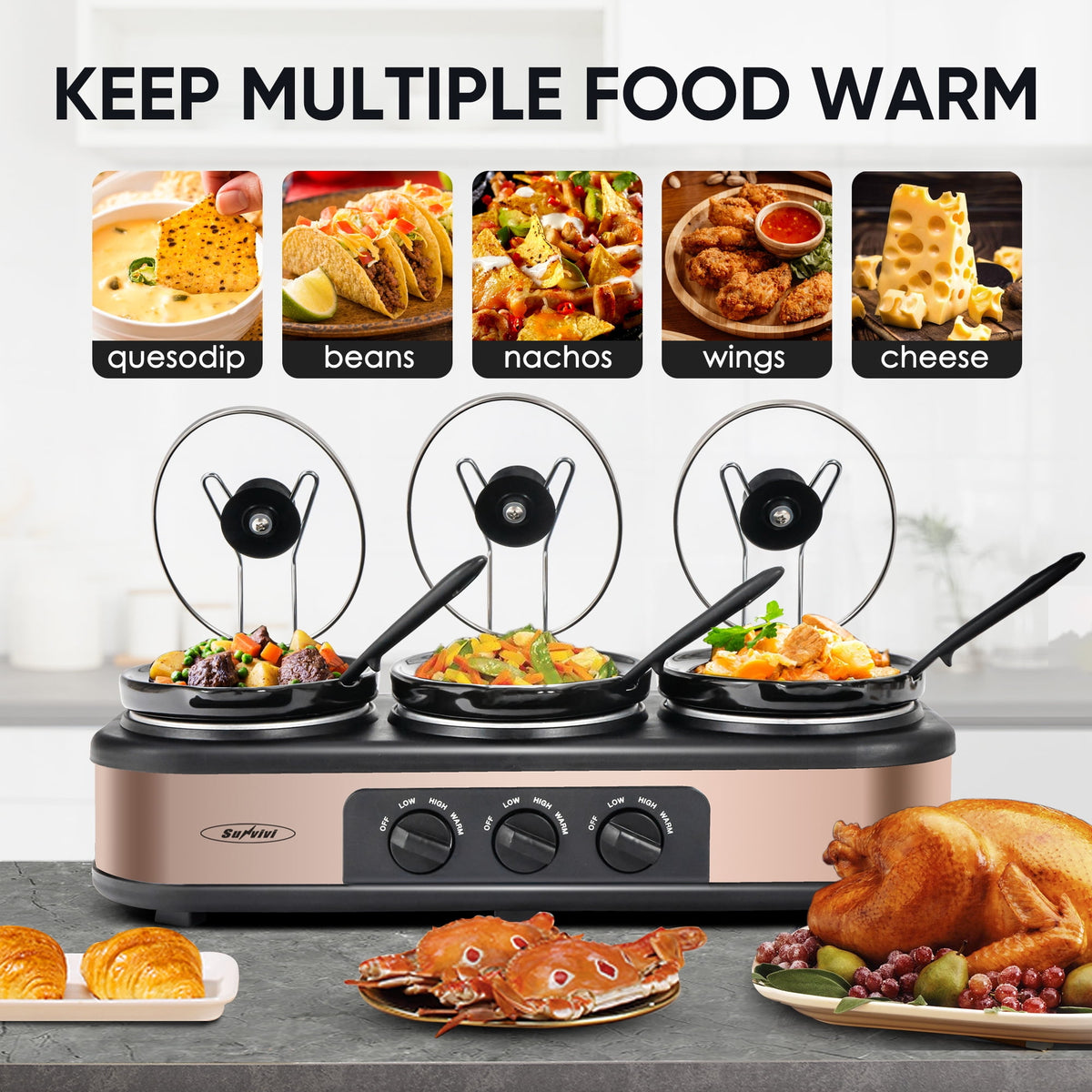 Royalcraft Double Slow Cooker,2 Pot Small Mini Crock Buffet Servers and Warmer,Dual Pot Oval Manual Slow Cooker with Adjustable Temp Removable Ceramic Pot,Stainless Steel, Total 2.5 Quarts Black