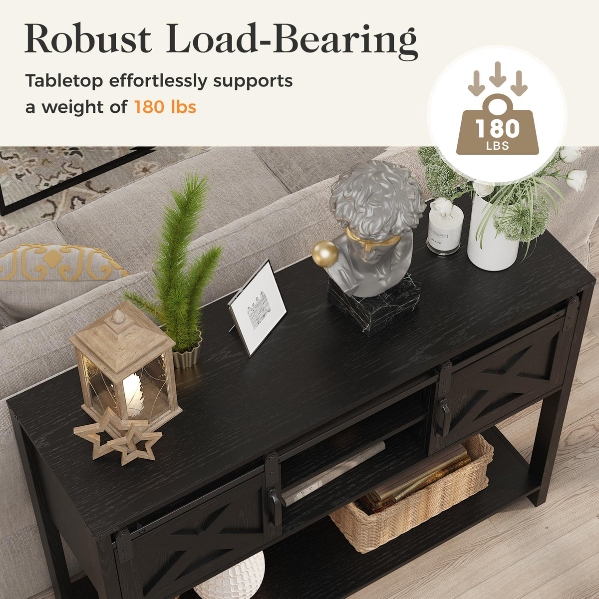 Superjoe Farmhouse Entryway Table with Storage, 46" Console Table with Sliding Barn Door, Wood Rustic Sofa Table with Adjustable Shelf for Hallway, Living Room, Foyer, Black