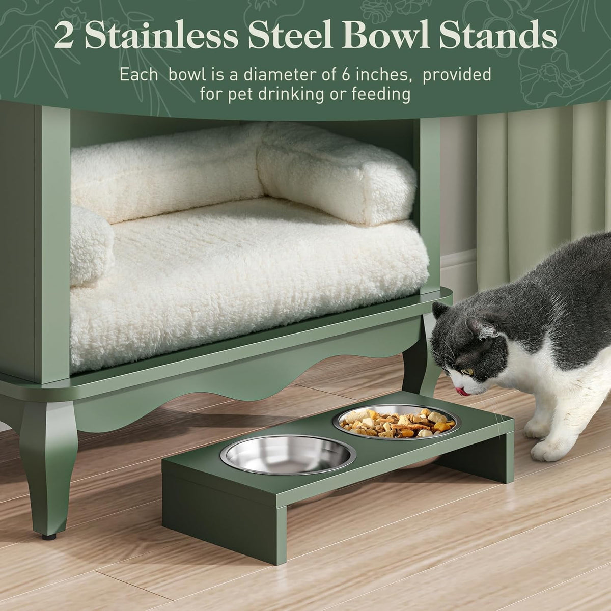 Royalcraft Vintage Storage Cabinet Set with Wall Mount and Pet Bowls Holder, End Table with 2 Drawers and Semi-open Space, Wood Pet Feeding Station for Living Room, Entrance, Green