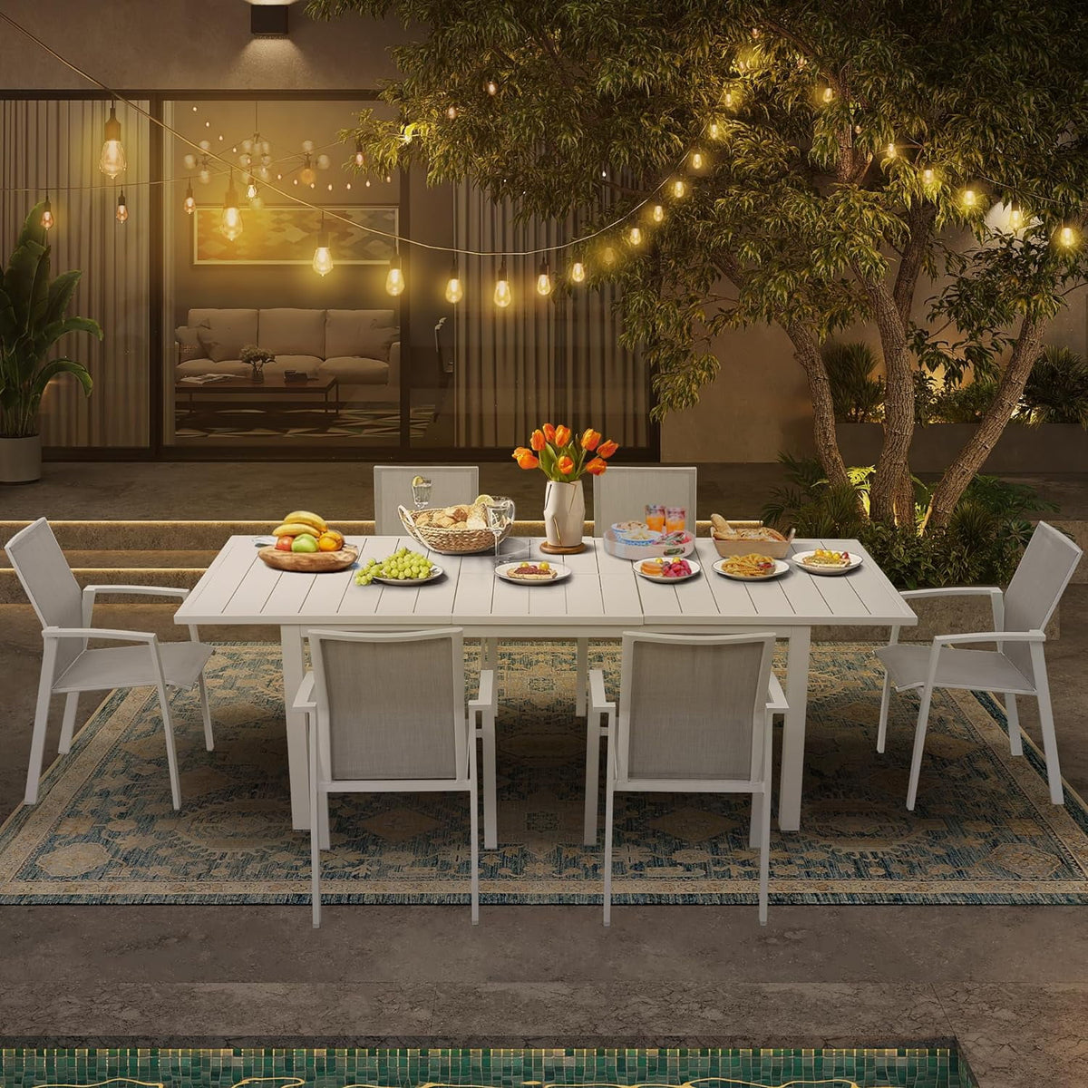 Superjoe Outdoor Patio Dining Table, Aluminum Modern Outside Metal Expandable Patio Table Furniture for Lawn, Balcony, White