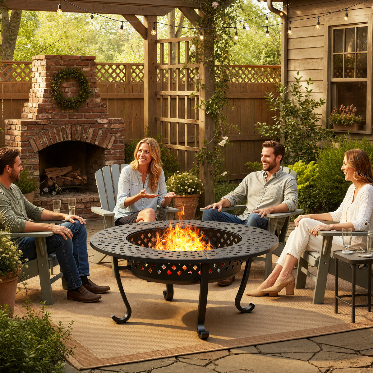 43'' Fire Pit with 2 Grills, Outdoor Wood Burning Fireplace with Lid and Fire Poker, BBQ & Bonfire & Round Metal Table 3 in 1 for Patio, Backyard, Garden, Black