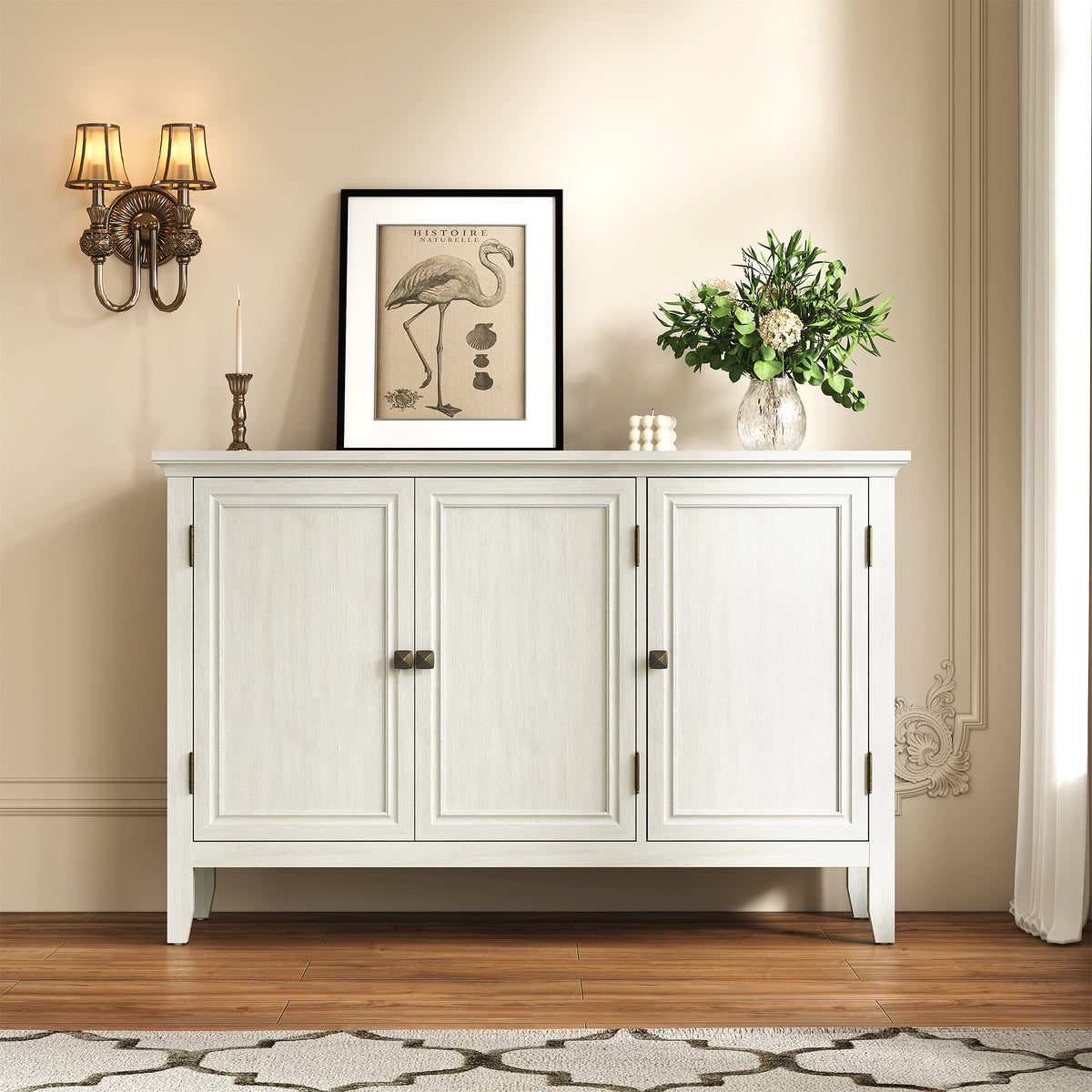 Royalcraft 3-Door Buffet Cabinet with Storage, Bohemian Sideboard with Adjustable Shelves, Wood Credenza Cabinet, Console Table for Bedroom, Living Room, Dining Room, Hallway, Grayish-White