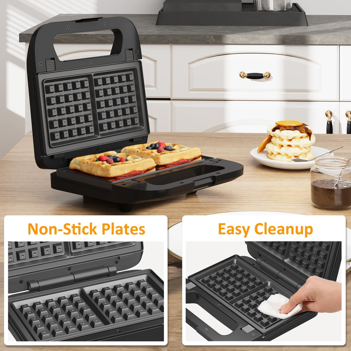 Royalcraft 3 in 1 Electric Sandwich Maker with Removable Non-Stick Plates, Indicator Lights & Cool Touch Handle, 750W, Black