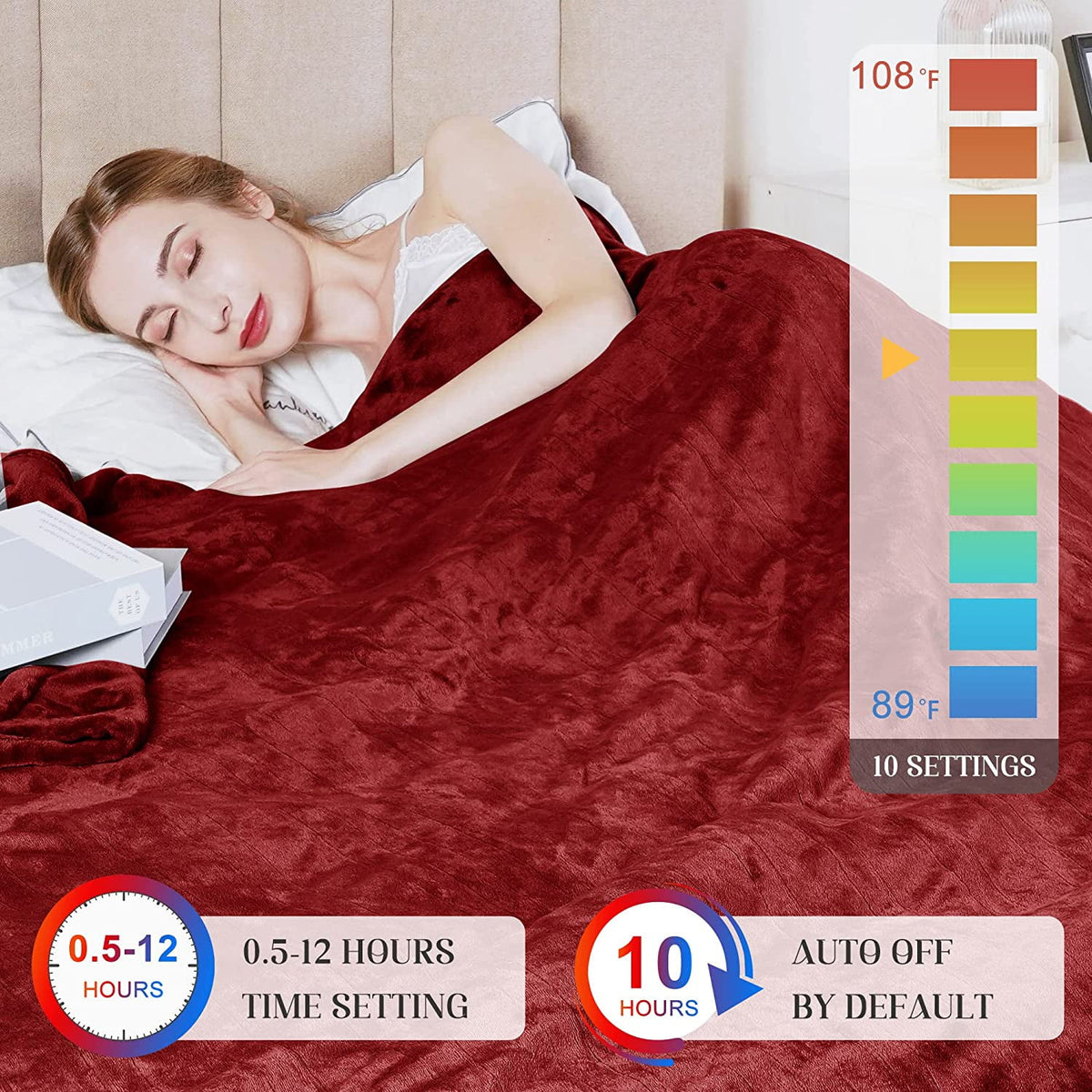 Royalcraft Heated Blanket King Size, Heating Electric Throw Blanket Dual Control, Soft Velvet, 10 Heat Settings, 12 Hours Auto Off, Red