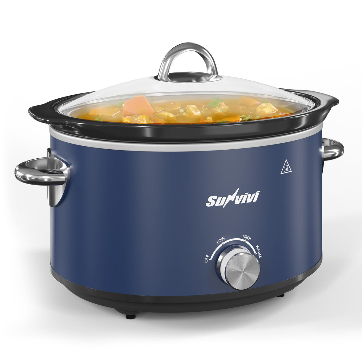 Royalcraft 4QT Compact Slow Cooker & Food Warmer with 3 Temperature Settings, Removable Ceramic Pot, Dishwasher-Safe Glass Lid, Stainless Steel - Blue