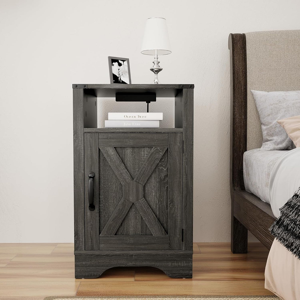 RoyalCraft White Nightstand with Charging Station, Farmhouse Bedside Table with X-Shaped Design,Wooden Rustic End Table with Large Storage Room and Shelf for Bedroom, Living Room, Solid White