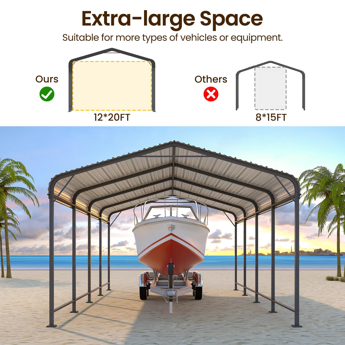 RoyalCraft 12x20 FT Metal Carport, Heavy Duty Canopy with Updated Roof & Enhanced Base, Multi-Use Carport Garage for Car, Truck, Boat, Tractors, Party, Grey