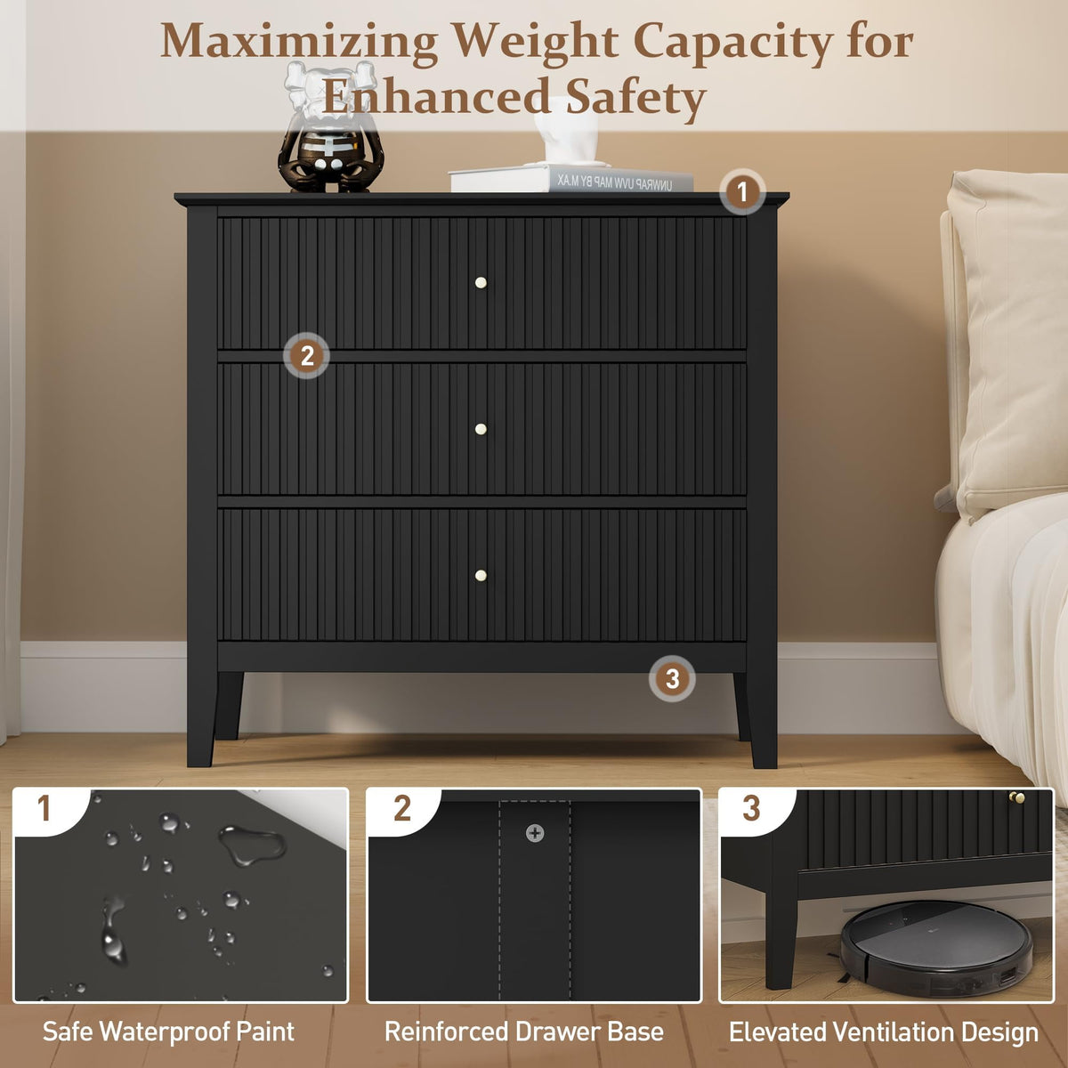 32" Black Fluted Dresser Nightstand, Wide Modern 3 Drawer Wooden Chest, Large Painted Storage Cabinet