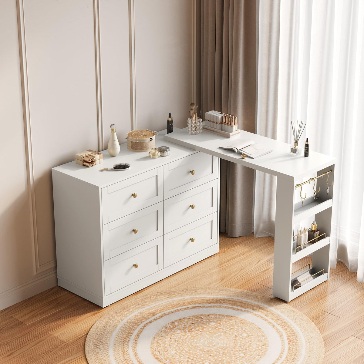 CozyHome Makeup Vanity Desk with 6 Drawers, Extendable corner Vanity Table and Dresser Combo with 3 Side Shelves, Wood Dressing Table for Bedroom, Dressing Room, White