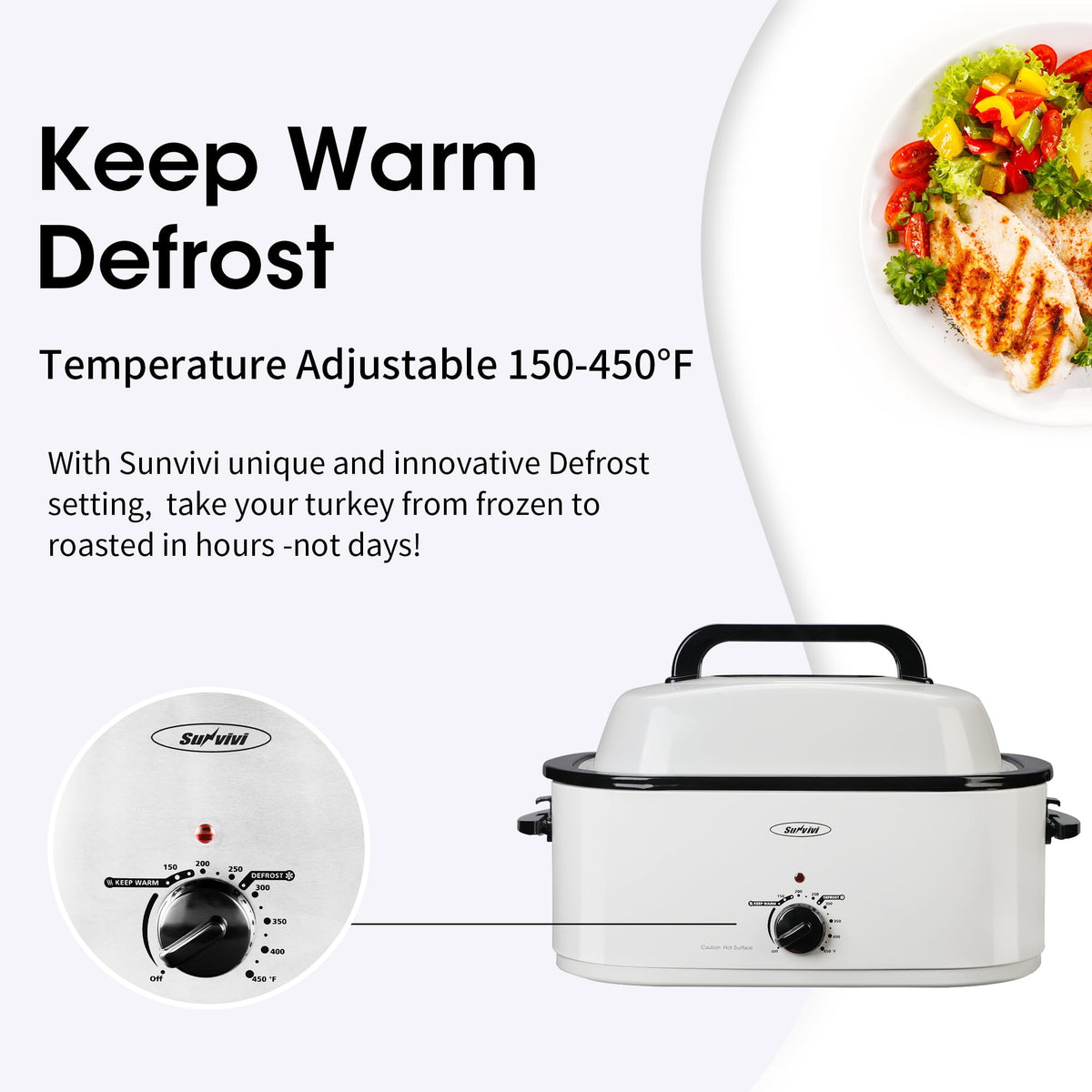 Royalcraft 22 Quart Electric Turkey Roaster Oven with Visible & Self-Basting Lid, Stainless Steel