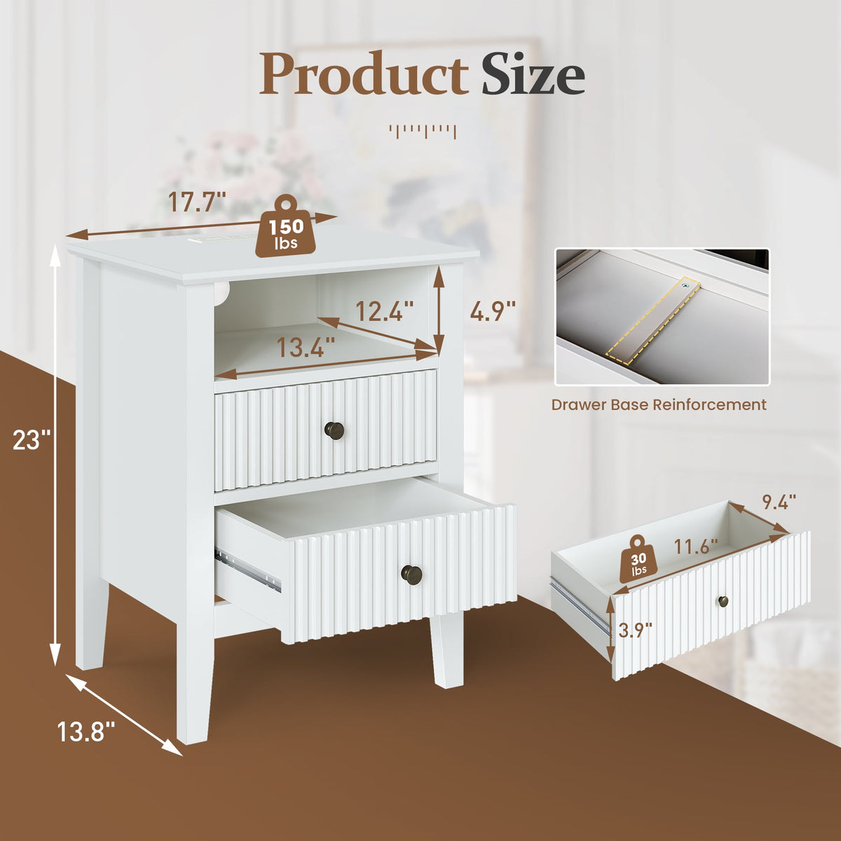RoyalCraft Large White 3 Drawer Dresser Set of 2 with Fluted Panel, Modern Chest of Drawers with Silent Slide Drawers, Wood Accent Nightstand with Storage for Bedroom Living Room, Nursery, Hallway