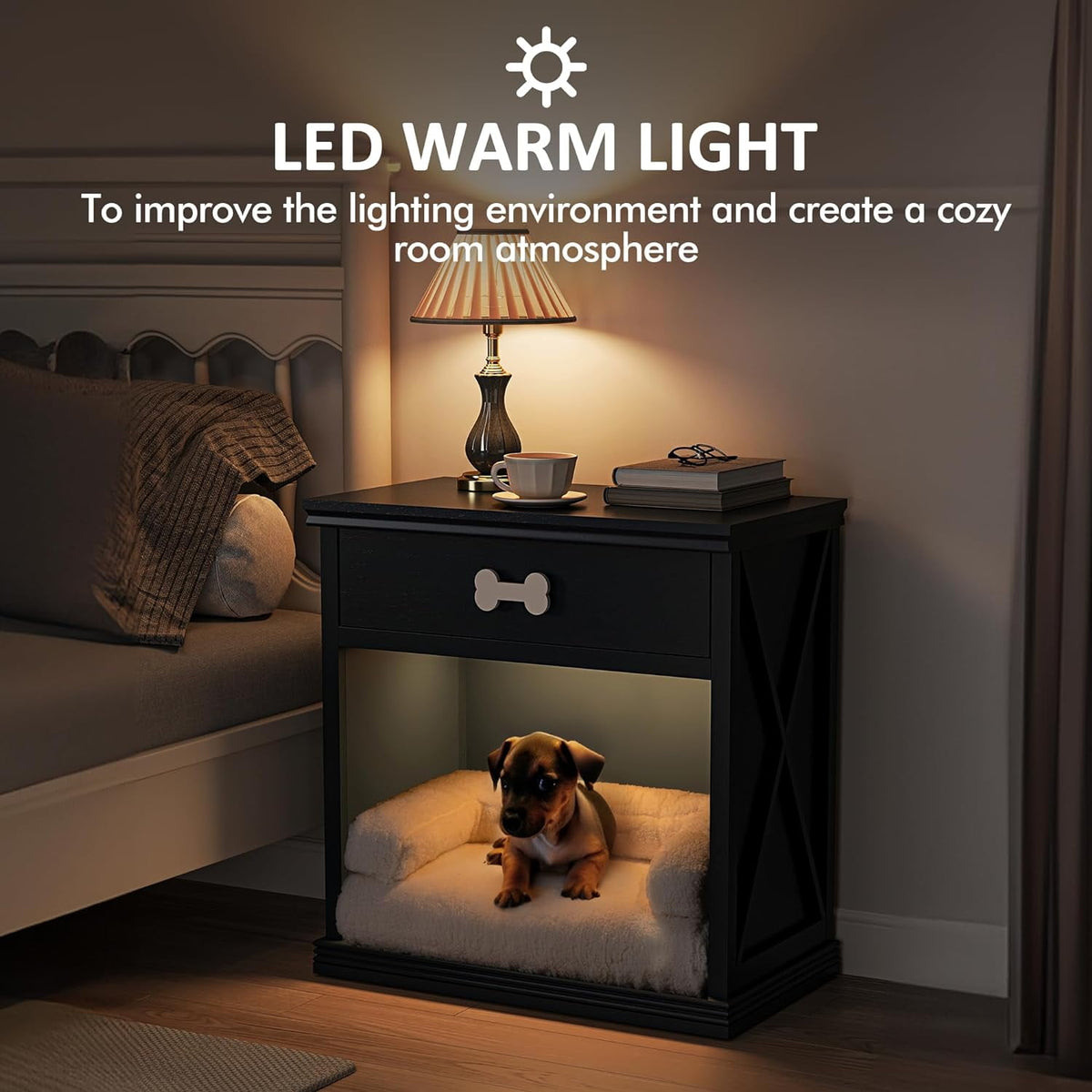 Royalcraft Vintage Small Storage Cabinet with Led Light, Hidden Cat Litter Box with Drawer and Semi-Open Space, Multi-Functional Nightstands with Pet House for Living Room, Bedroom, Blue