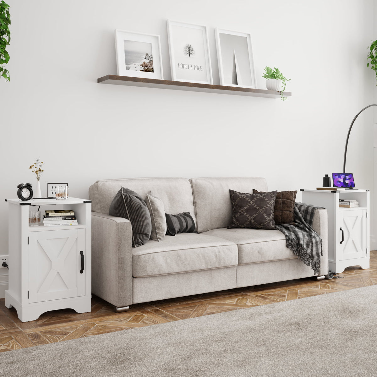 Superjoe 2Pcs Farmhouse Nightstand w/Charging Station, Wooden Rustic Tall Bedside Table, End Table w/Storage Shelf & Shelf for Bedroom, Living Room, White