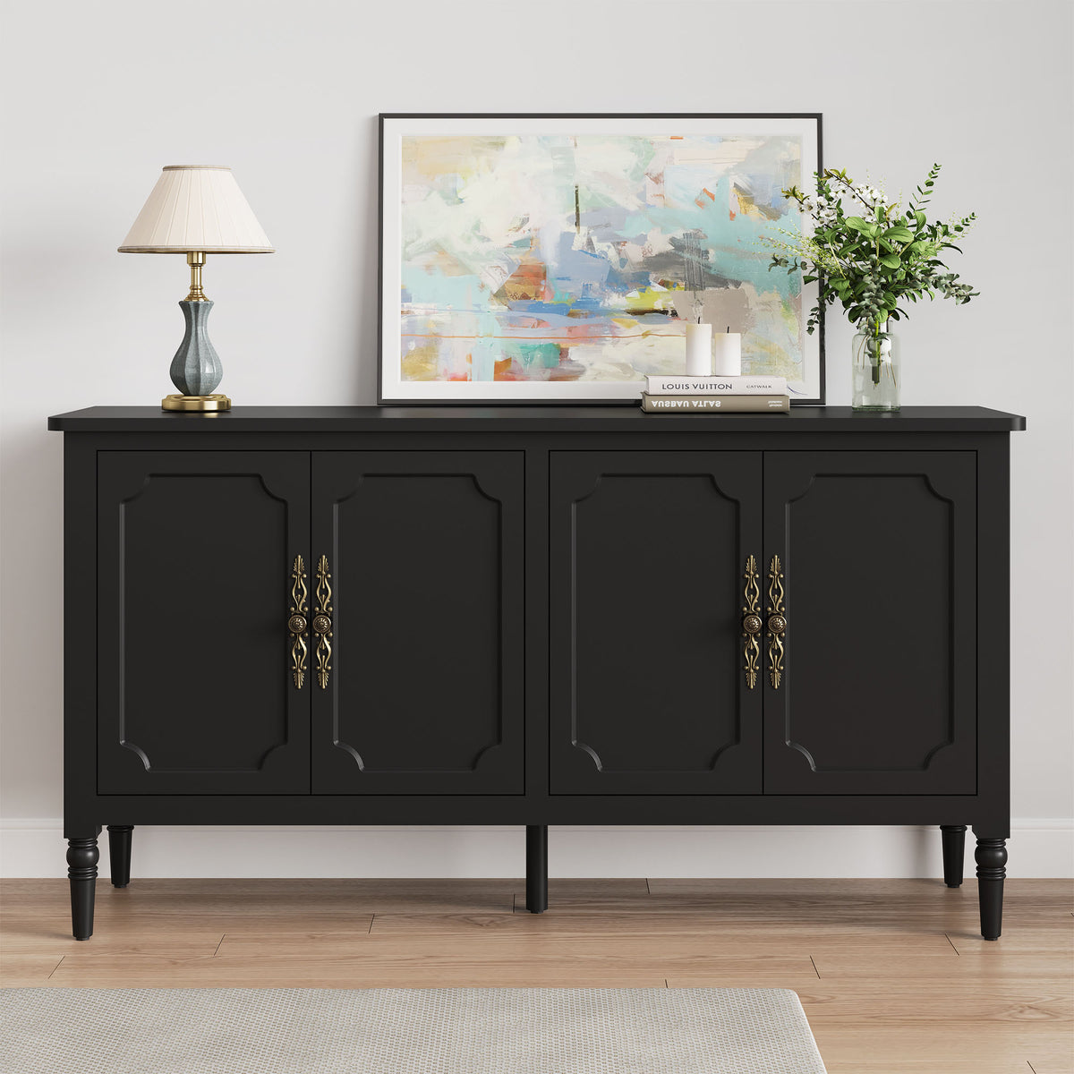 Console Cabinet, 58'' Mid Century Modern Pantry Cabinet, Wood Buffet Cabinet, Media Cabinet with 4 Doors, Accent Cabinet for Entryway, Living Room, Bedroom, Dining Room