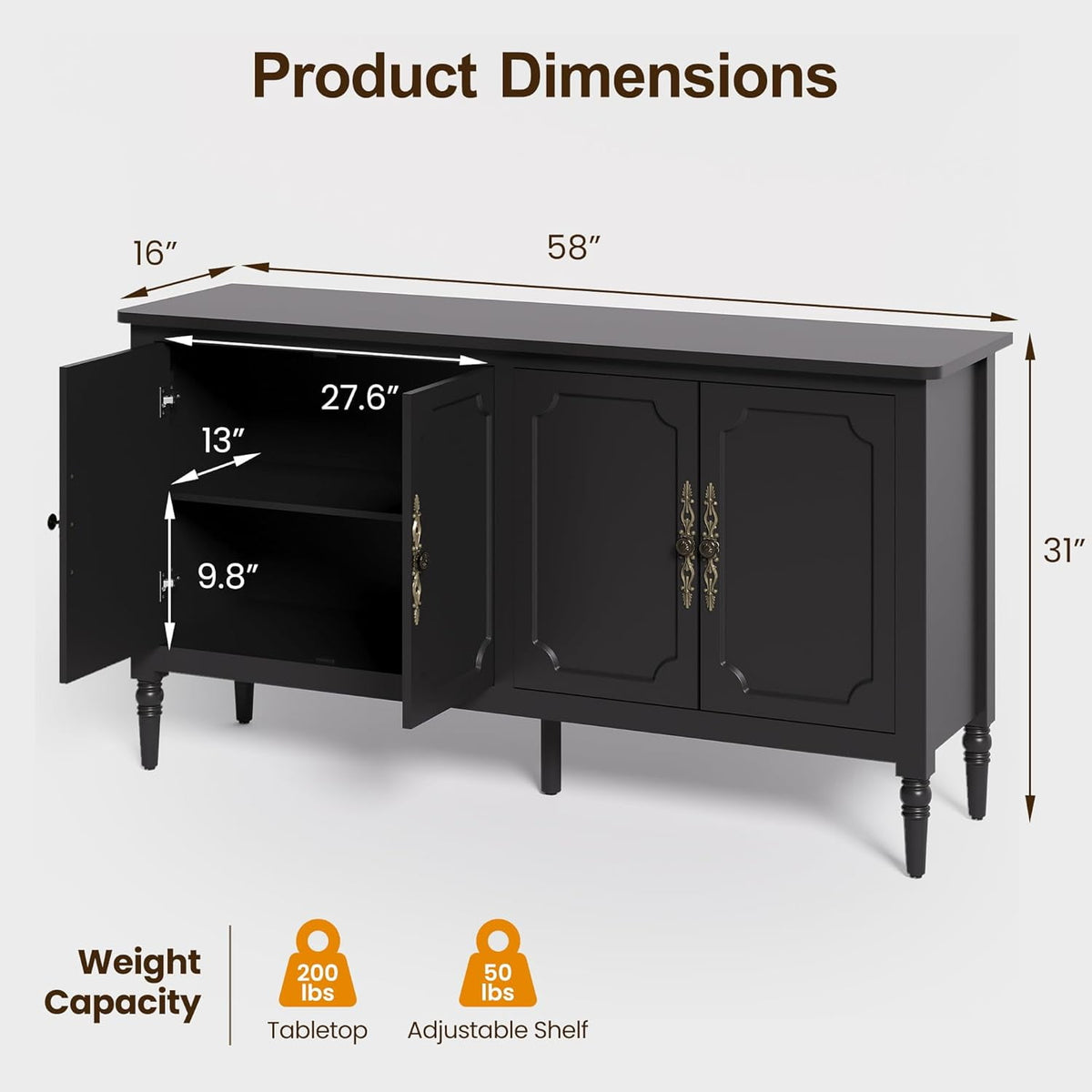 RoyalCraft Console Cabinet, 58'' Mid Century Modern Pantry Cabinet, Wood Buffet Cabinet, Media Cabinet with 4 Doors, Accent Cabinet for Entryway, Living Room, Bedroom, Dining Room