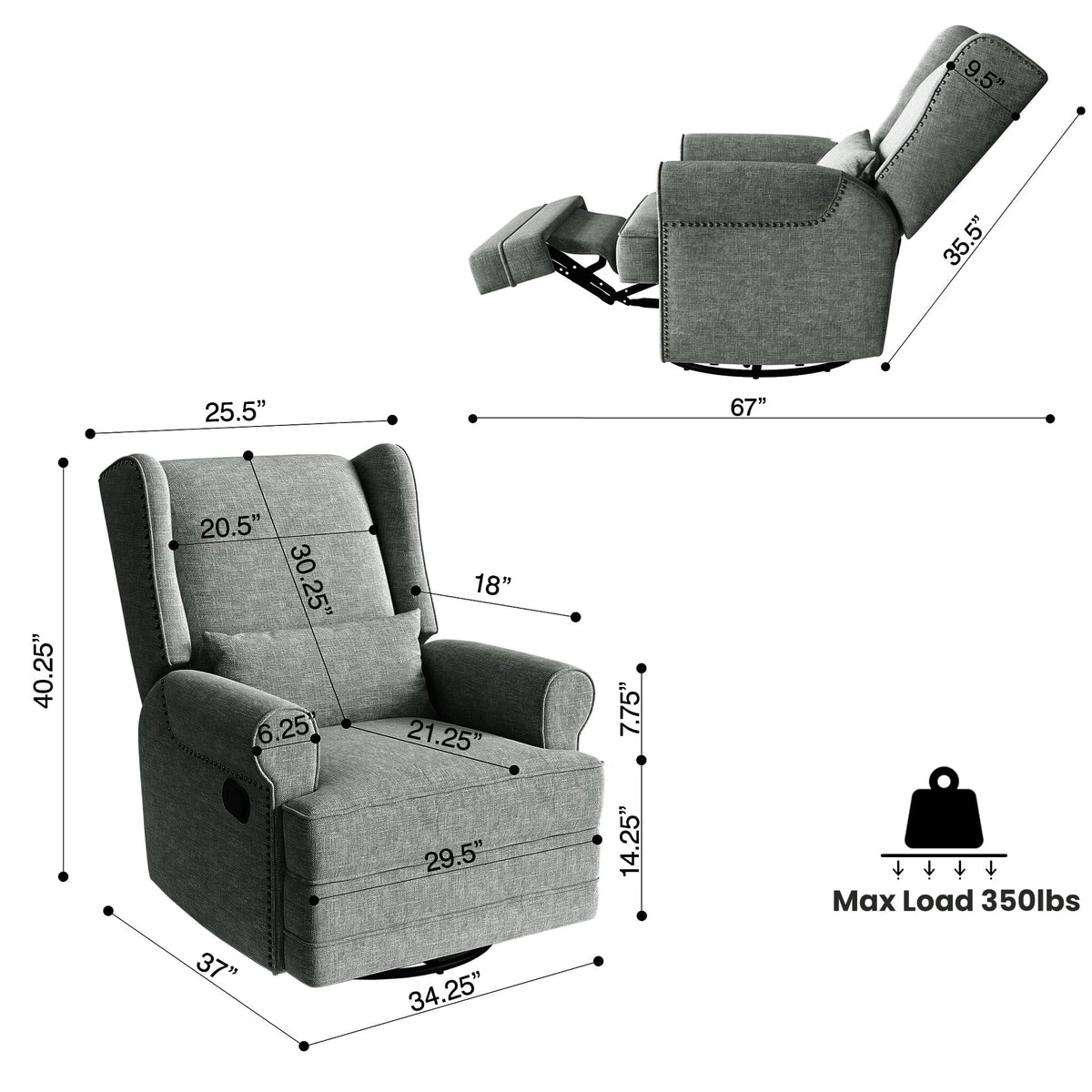 RoyalCraft Swivel Recliner Chair, Comfy Glider Rocking Chairs with Lumbar Pillow and Footrest, Upholstered Swivel Rocking Chair for Bedroom,Nursery, Dark Grey