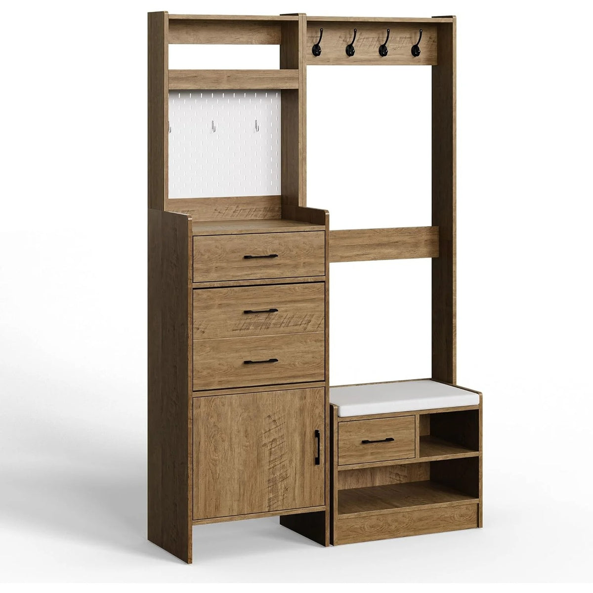 Royalcraft 7-in-1 Hall Tree with Hidden Shoe Storage, Entryway Bench with Coat Rack and Pegboard, Multifunctional Coat Rack with Bench Mudroom Storage