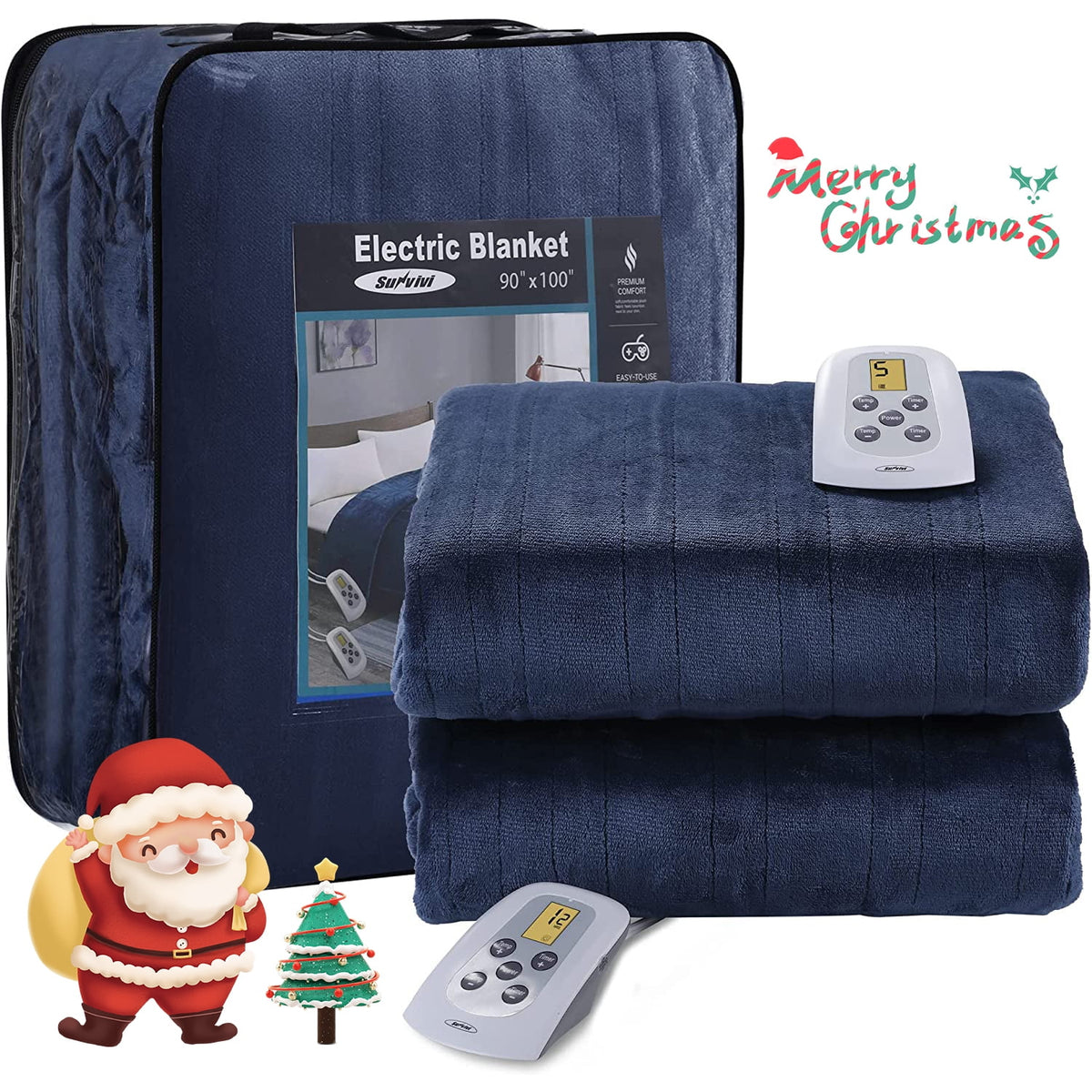 Royalcraft Electric Blanket Queen Size with Dual Controllers,10 Heating Levels& 12 Hours Auto-off, Blue
