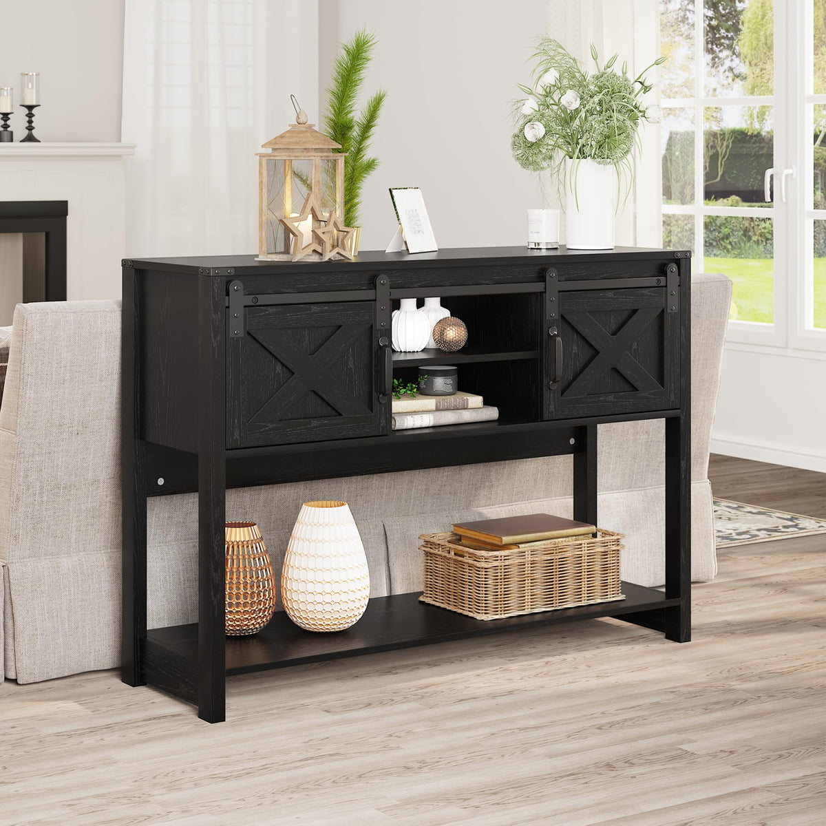 Superjoe Farmhouse Entryway Table with Storage, 46" Console Table with Sliding Barn Door, Wood Rustic Sofa Table with Adjustable Shelf for Hallway, Living Room, Foyer, Black
