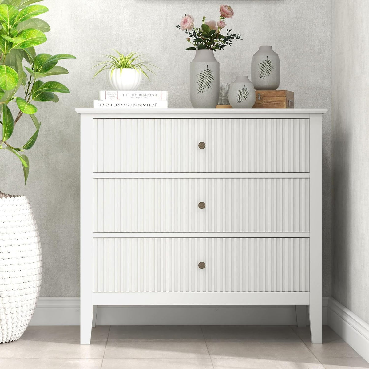 Superjoe White 3 Drawer Dresser with Fluted Panel, Modern Chest of Drawers with Silent Slide Drawers for Bedroom Living Room, Nursery, Hallway