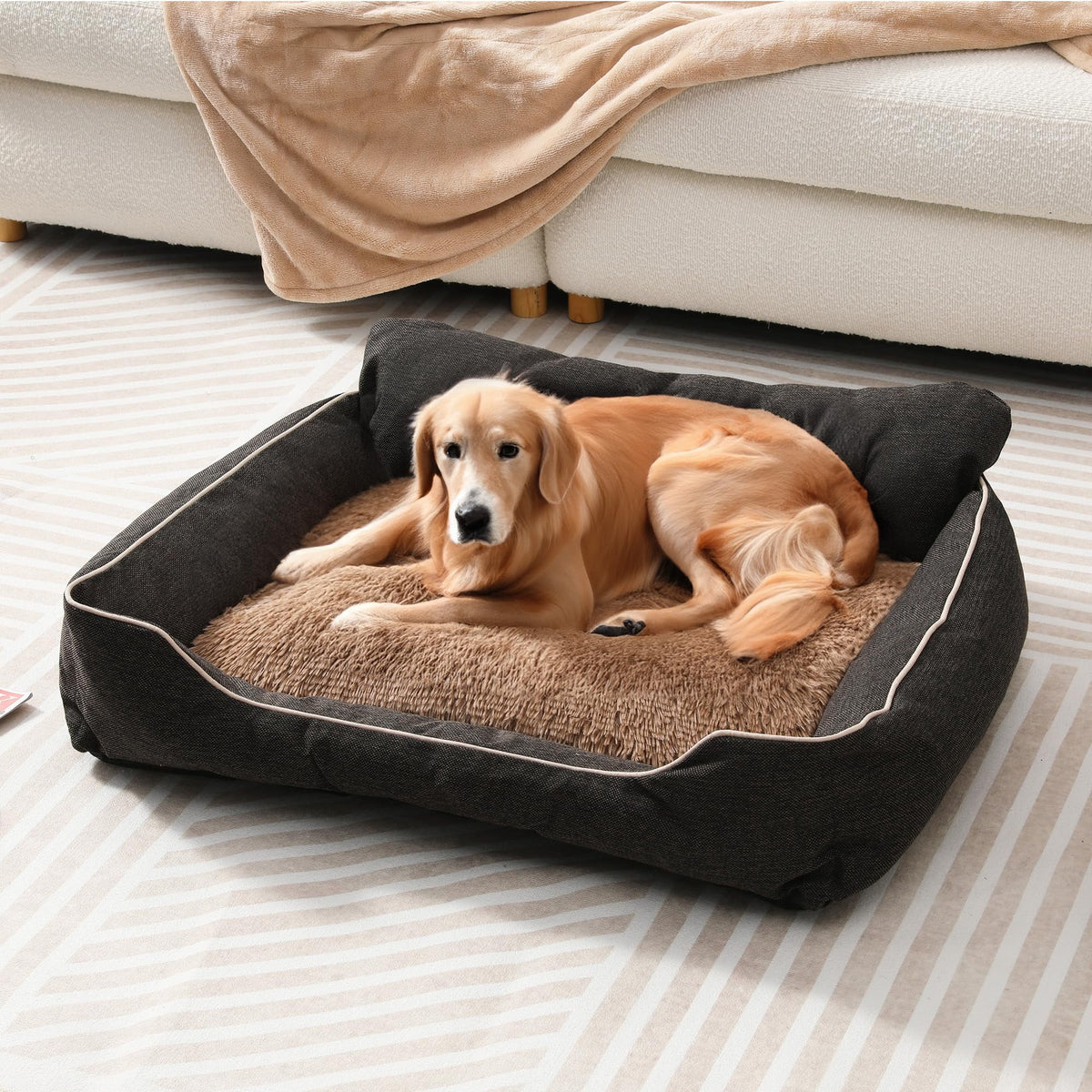 CozyHome Medium Dog Bed with Anti-Slip Bottom, Cat Bed with Removable Washable Cover, Plush Pet Bed for Dogs and Cats, Cute Dog Pillow Bed, Calming Cat Couch Bed for Indoor, Outdoor, Brown