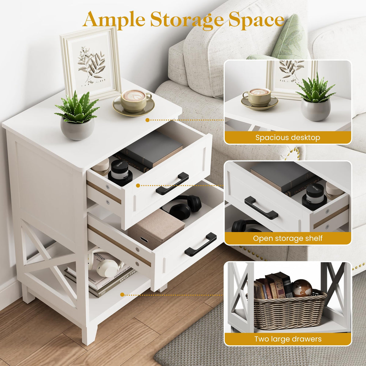 RoyalCraft Tall Nightstand Set of 2, Side Table with 2 Drawers and Open Shelf Below, Bedside Table with Solid Feet, Modern Night Stand End Table for Bedroom, Living Room, Home Office, White