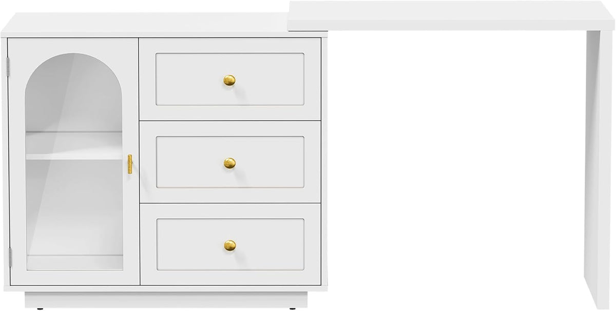 RoyalCraft 59¡± Large Extendable Makeup Vanity Desk, Corner Vanity Table with 3 Drawer & 1 Door, Modern Dressing Table and Chest of Drawers Combo, Accent Vanity for Bedroom, Dressing Room