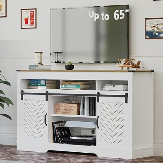 Royalcraft Farmhouse TV Stand for 65+ Inch TV, 34'' White Entertainment Center with Sliding Barn Doors,  Wood  Cabinet Television Stands