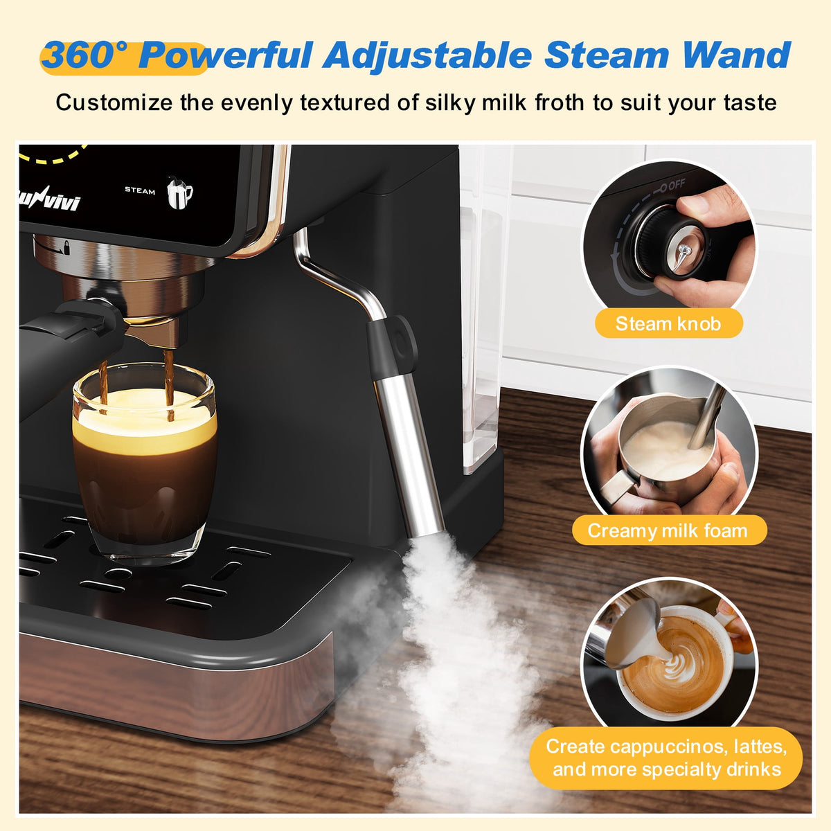 Royalcraft 20 Bar Espresso Machine, 3-in-1 Hot & Iced Coffee Maker with Milk Frother, LED Touch Control, Removable 52oz Water Tank
