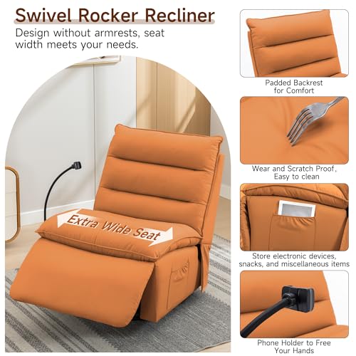 Oversized Rocker Recliner Chair for Adults, Swivel Rocking Recliner Bean Bag Chair Sofa, Armless Push Back Recliner Chair for Living Room Home Theater