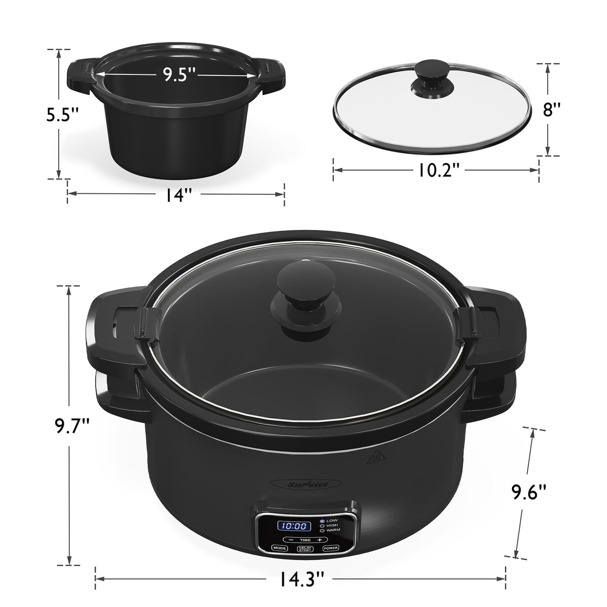 Royalcraft 4QT Slow Cooker, Programmable Pot with Locking Lid, Removable Ceramic Pot, 3 Heating Settings & Time Control,Dishwasher-safe Lid & Pot, Grey
