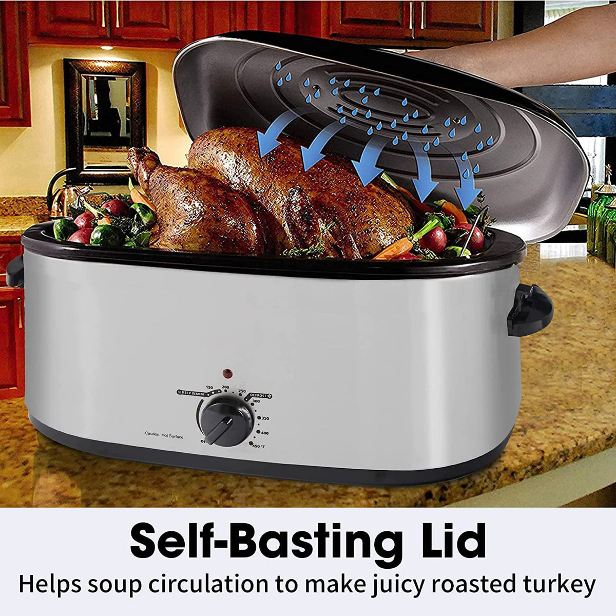 Royalcraft 22 Quart Electric Turkey Roaster Oven with Visible & Self-Basting Lid, Stainless Steel