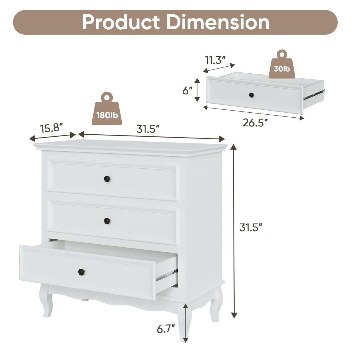 Superjoe White 3 Drawer Dresser with Ball Bearing Slide, Sturdy Frame Modern Wood Dresser Wide Nightstand Cabinet for Bedroom, Living Room