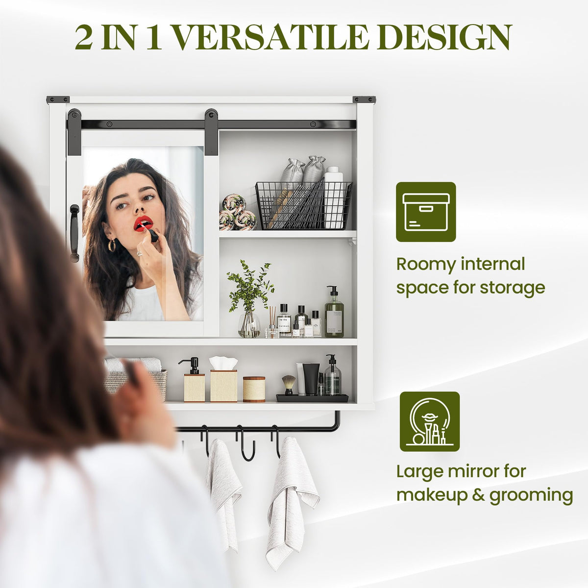 RoyalCraft 28in Bathroom Cabinet Wall Mount with Sliding Mirror Door, Over The Toilet Storage Cabinet, Farmhouse Medicine Cabinet with Shelves and Towel Bar for Living Room, 28" W x 29" H, White