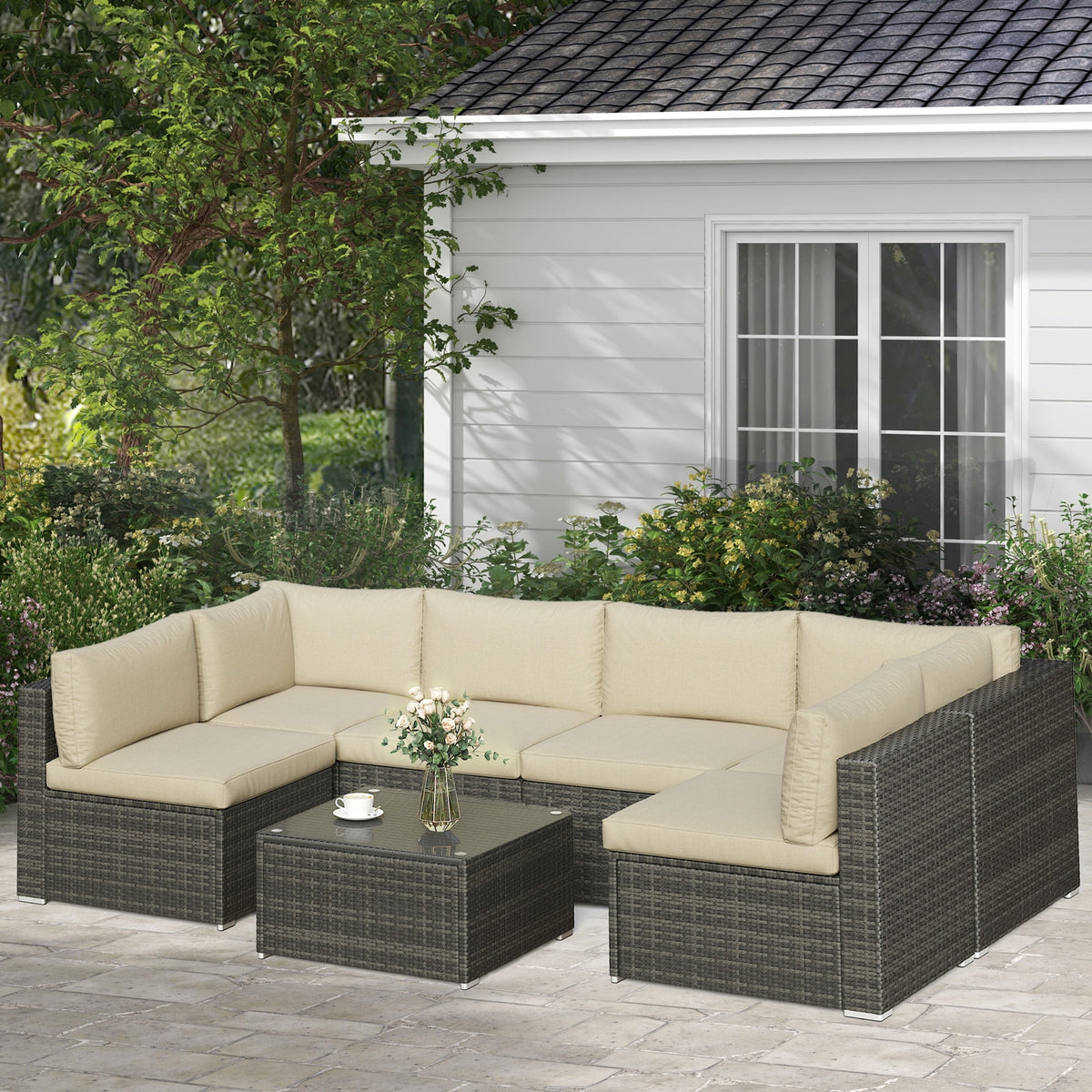 RoyalCraft 7-Piece Modular Patio Furniture Set, Wicker Outdoor Sectional Sofa with Cushions and Coffee Table, All Weather Patio Conversation Sets for Porch Balcony Backyard, Beige