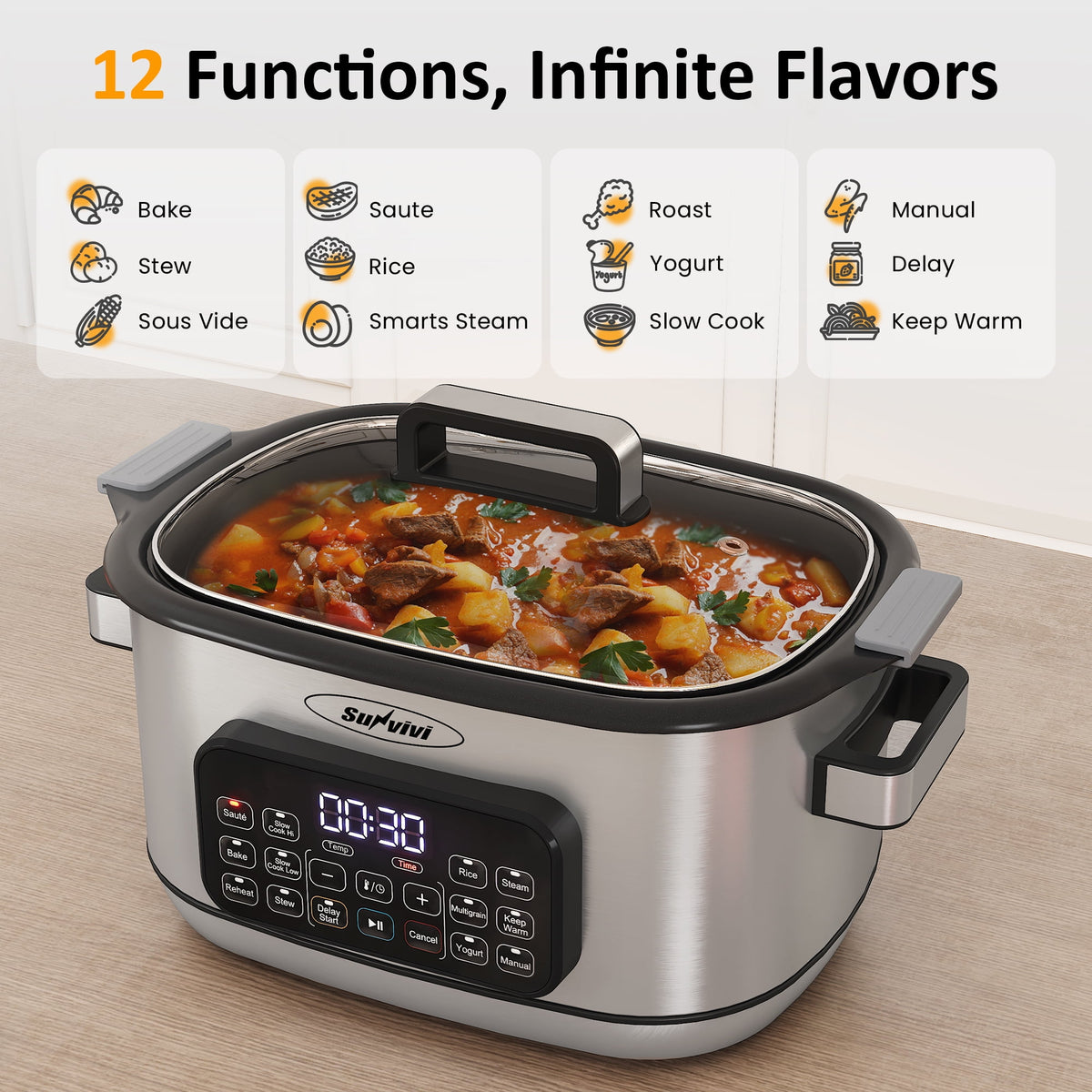 Royalcraft 6.5 Quart 12-in-1 Programmable Multi Slow Cooker, Food Warmer Pot with Digital Timer, Temp Control