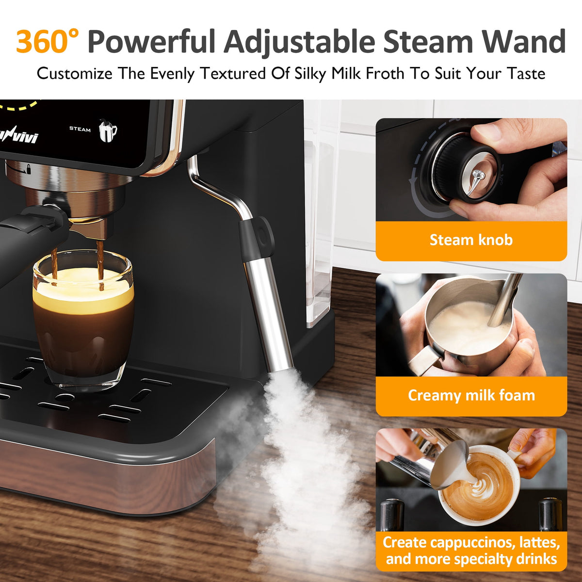 Royalcraft 20 Bar Espresso Machine, 3-in-1 Hot & Iced Coffee Maker with Milk Frother, LED Touch Control, Removable 52oz Water Tank