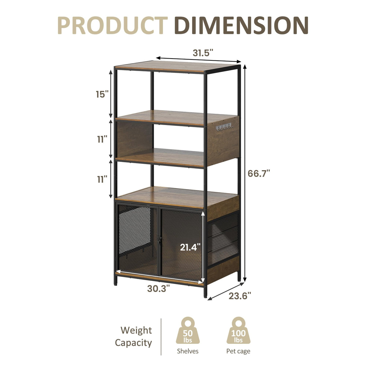 Superjoe Dog Crate Furniture with Display Shelf, Decorative Dog Crate Industrial Bookshelf with Kennel, Furniture Style Dog Crate for Medium Dog, Cat Litter Box Furniture, Brown