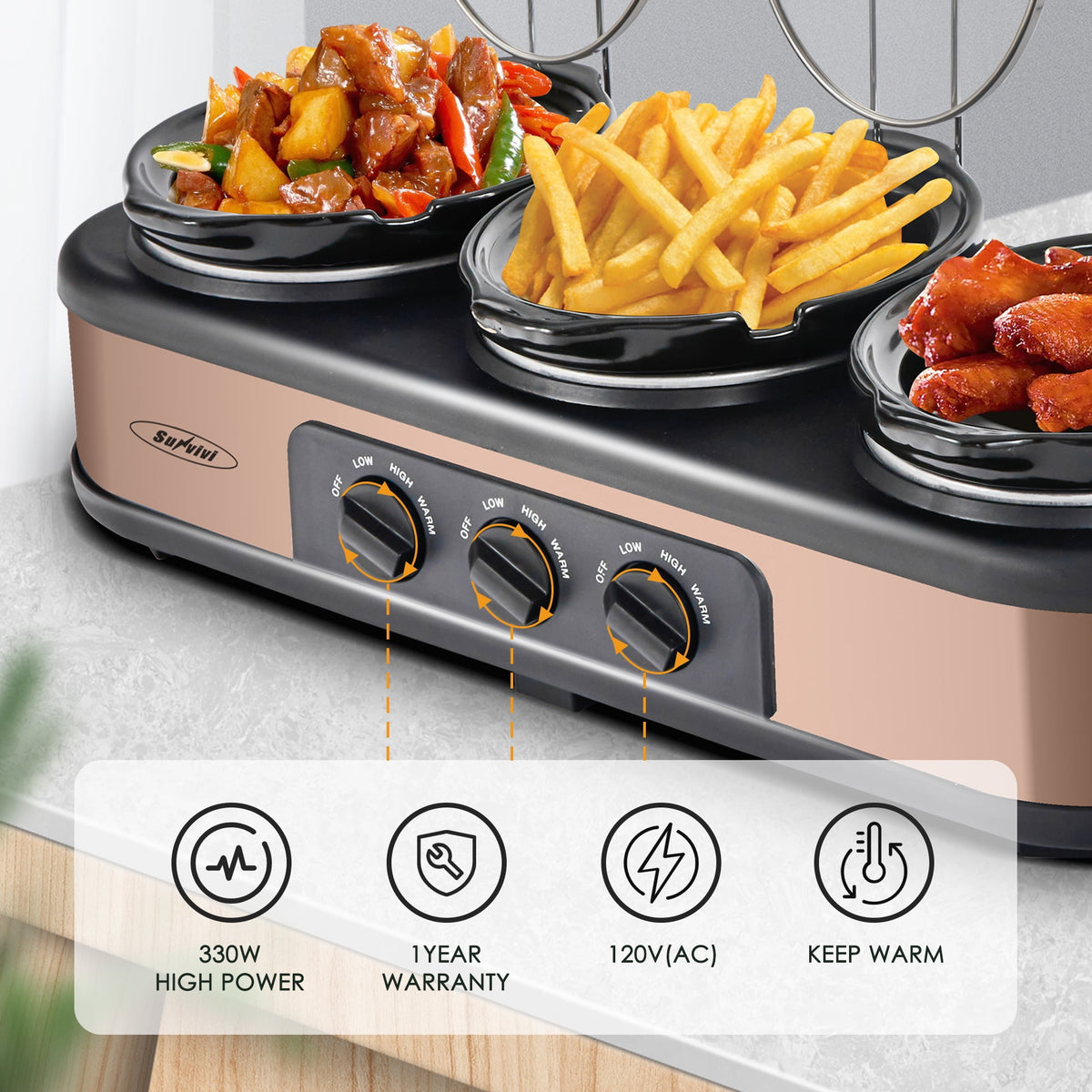 Royalcraft Double Slow Cooker,2 Pot Small Mini Crock Buffet Servers and Warmer,Dual Pot Oval Manual Slow Cooker with Adjustable Temp Removable Ceramic Pot,Stainless Steel, Total 2.5 Quarts Black