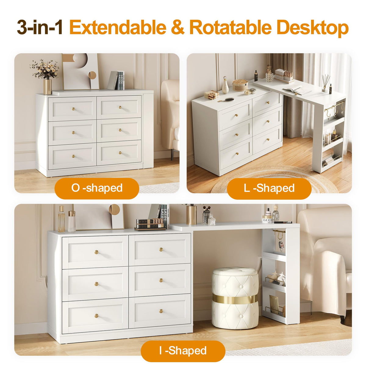 CozyHome Makeup Vanity Desk with 6 Drawers, Extendable corner Vanity Table and Dresser Combo with 3 Side Shelves, Wood Dressing Table for Bedroom, Dressing Room, White