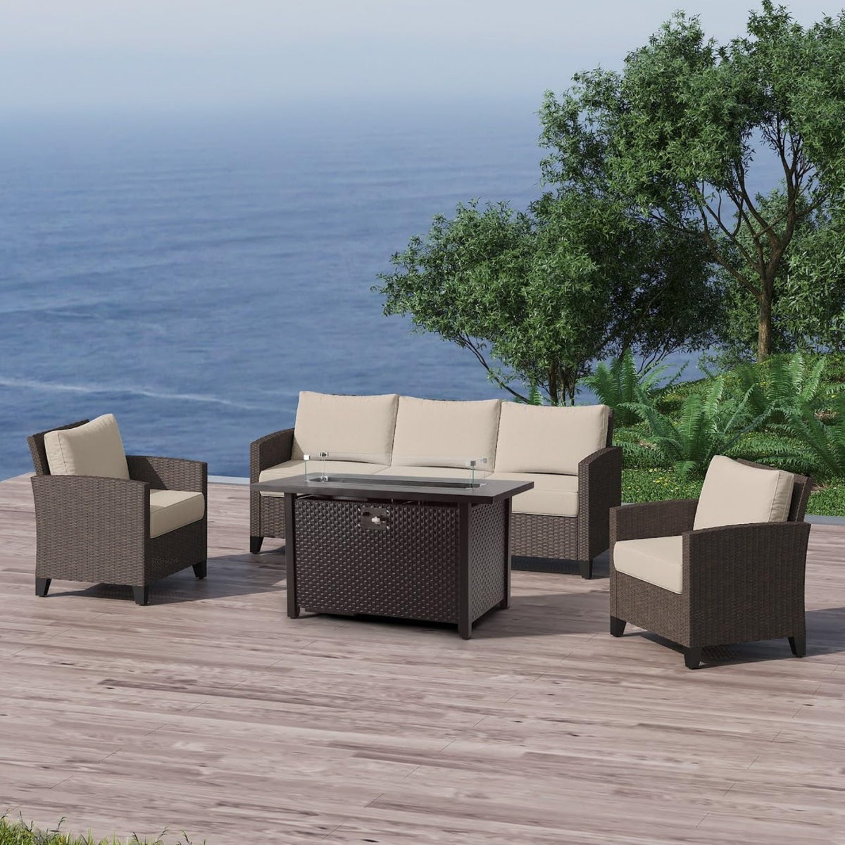 RoyalCraft Outdoor Patio Furniture Set, 6 Piece Outdoor Rattan Sofa Set, All Weather Wicker Conversation Set with Coffee Table, Ottomans for Porch Backyard Garden
