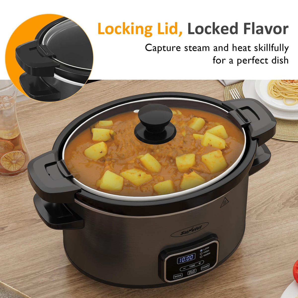 Royalcraft 4QT Slow Cooker, Programmable Pot with Locking Lid, Removable Ceramic Pot, 3 Heating Settings & Time Control,Dishwasher-safe Lid & Pot, Grey