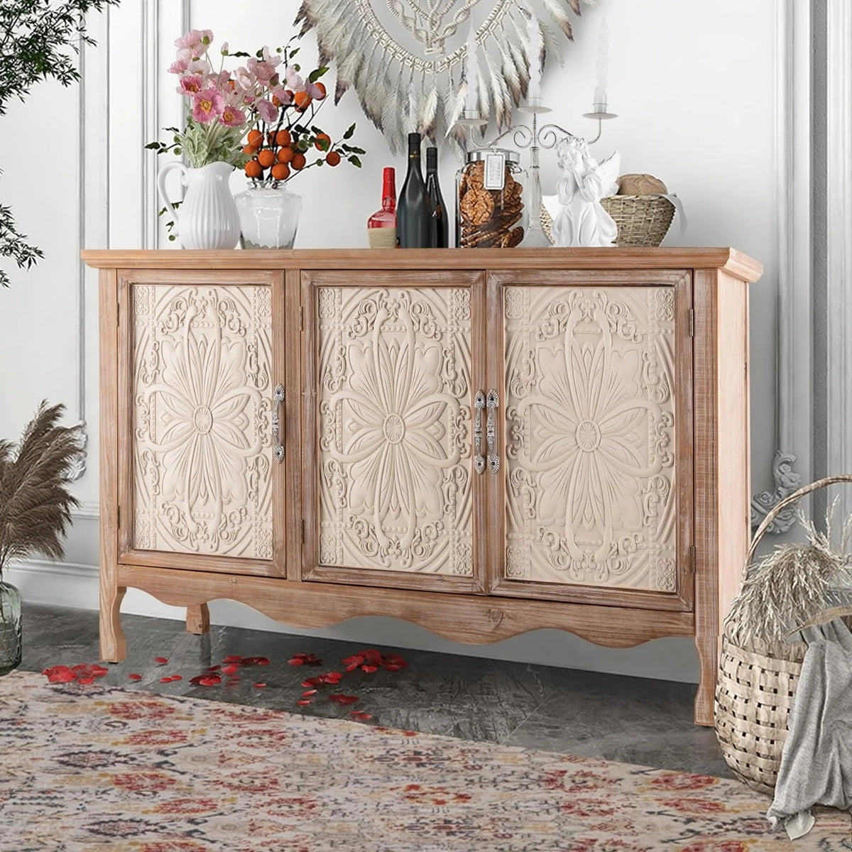 Royalcraft Accent Cabinet Rustic Storage Cabinet with 3 Carved Doors, Vintage Sideboard Buffet Cabinet with Shelves, Wood Entryway Cabinet for Kitchen, Dining Room, Living Room, Bedroom