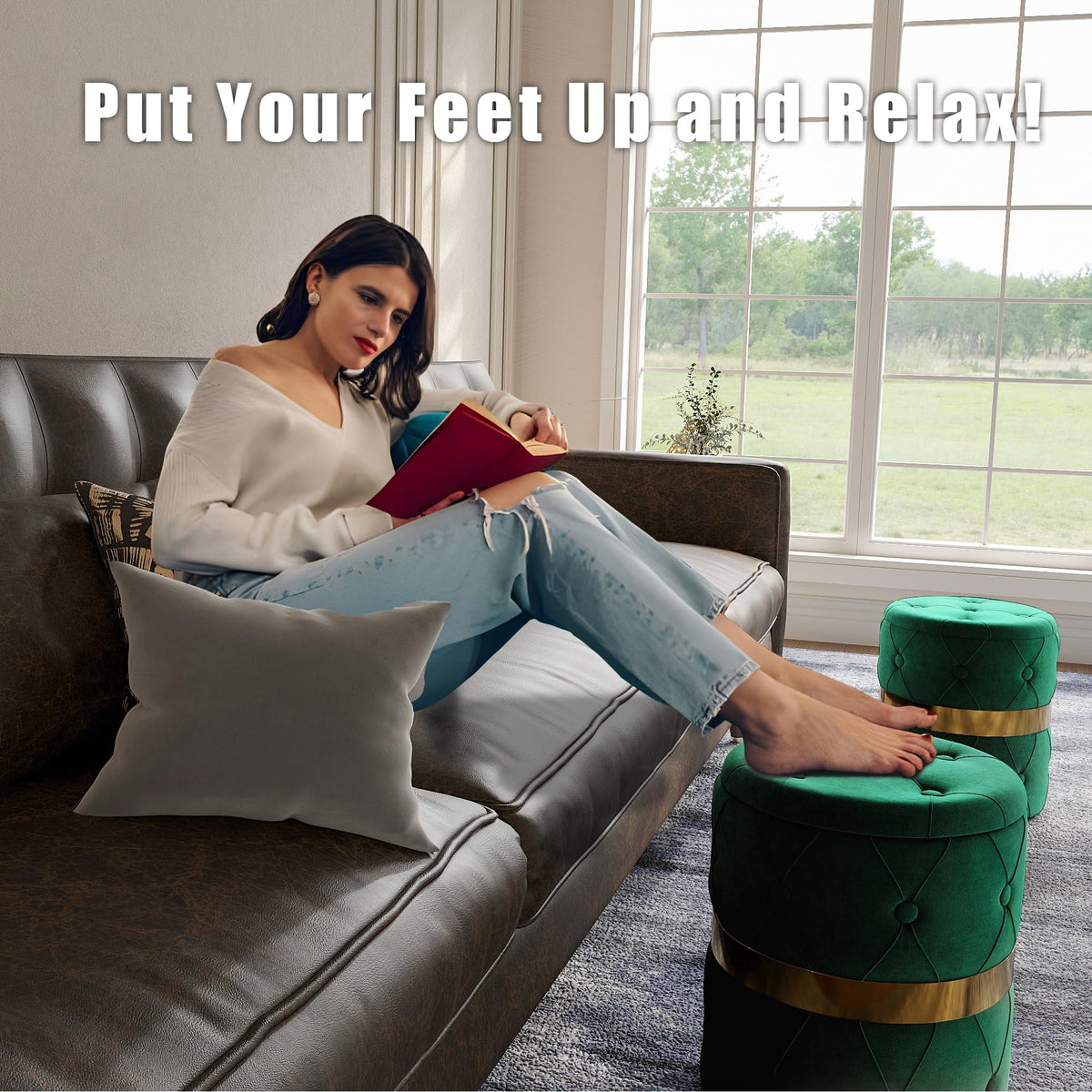 RoyalCraft Storage Ottoman Set of 2, Versatile Footrest Stool with Stainless Steel Base, Modern Round Vanity Stool Chair Foot Stools, Support 200lbs Padded Seat, for Living Room, Bedroom, Green