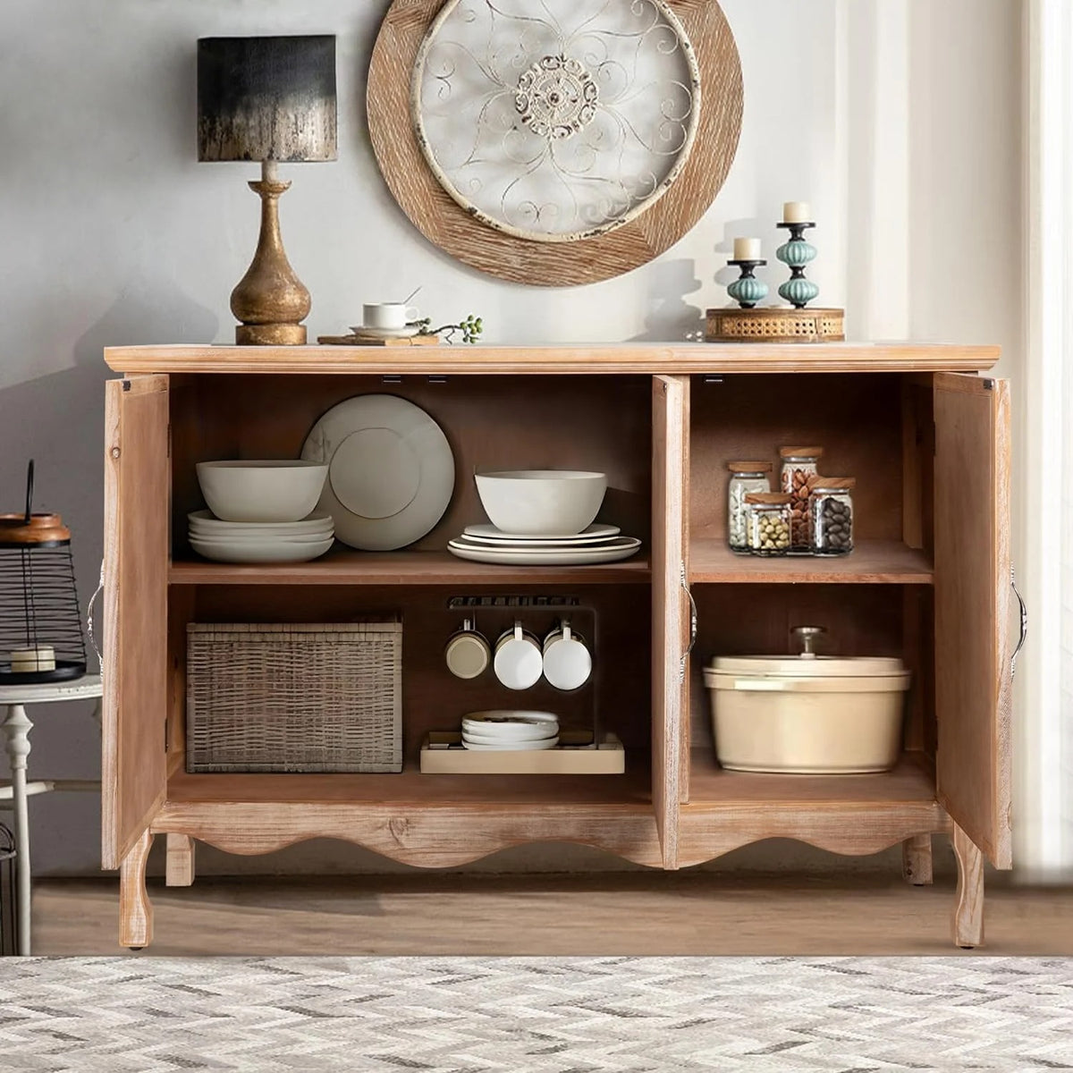 Royalcraft Accent Cabinet Rustic Storage Cabinet with 3 Carved Doors, Vintage Sideboard Buffet Cabinet with Shelves, Wood Entryway Cabinet for Kitchen, Dining Room, Living Room, Bedroom