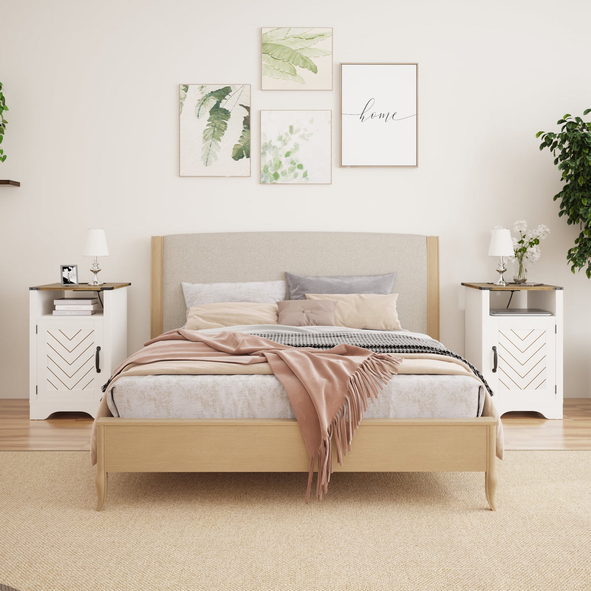Superjoe 2Pcs Farmhouse Nightstand w/Charging Station, Wooden Rustic Tall Bedside Table, End Table w/Storage Shelf & Shelf for Bedroom, Living Room, Wood-Tone White