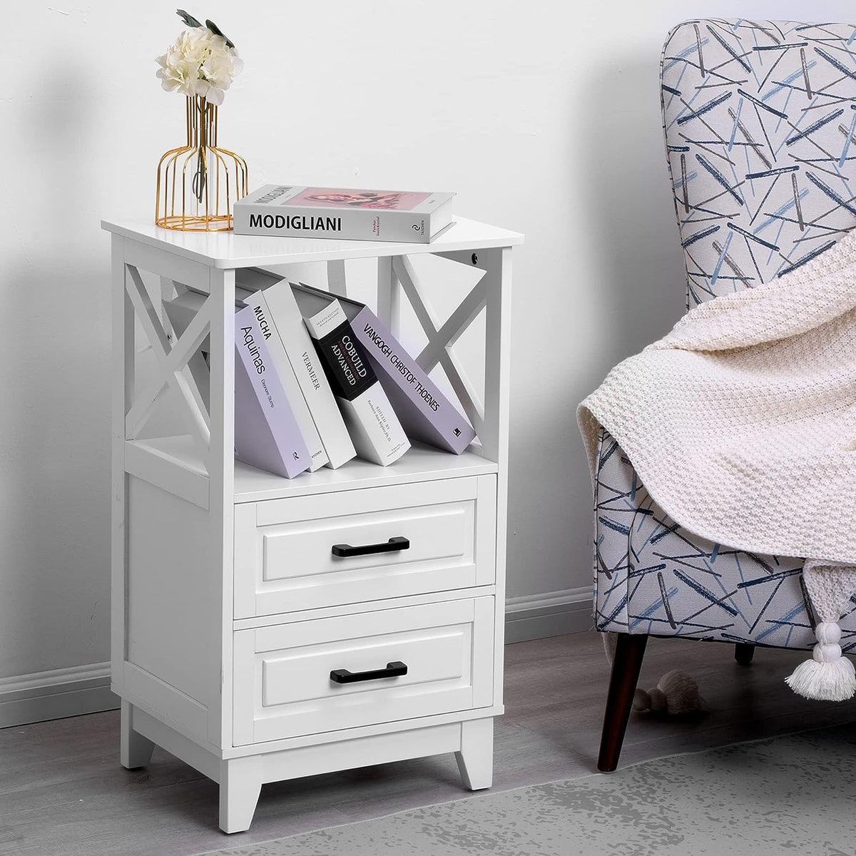White Nightstand Set of 2, Wood X-Design Tall Nightstand with 2 Drawers, Modern Side Tables with Storage, Bedside End Tables for Bedroom, Living Room