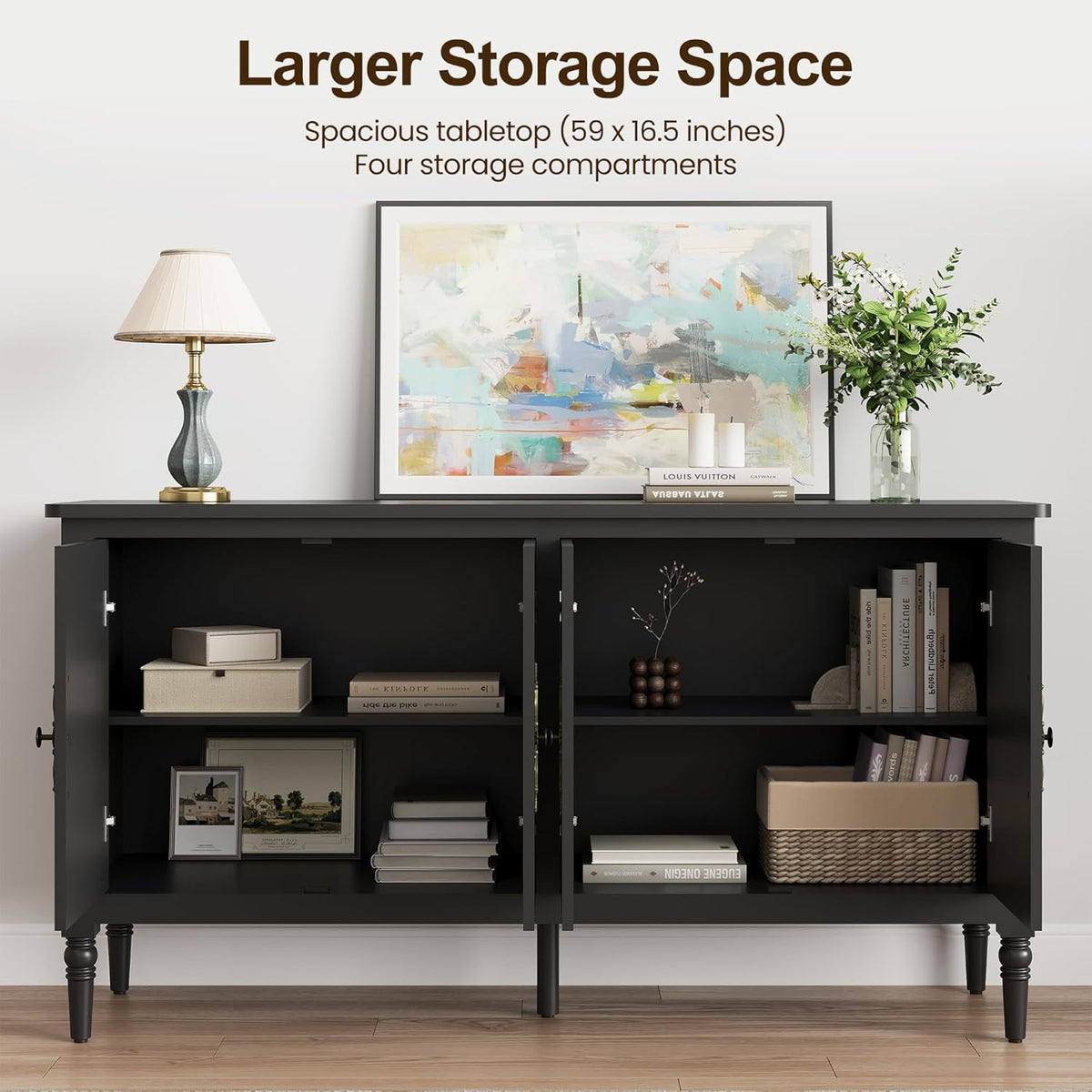 RoyalCraft Console Cabinet, 58'' Mid Century Modern Pantry Cabinet, Wood Buffet Cabinet, Media Cabinet with 4 Doors, Accent Cabinet for Entryway, Living Room, Bedroom, Dining Room