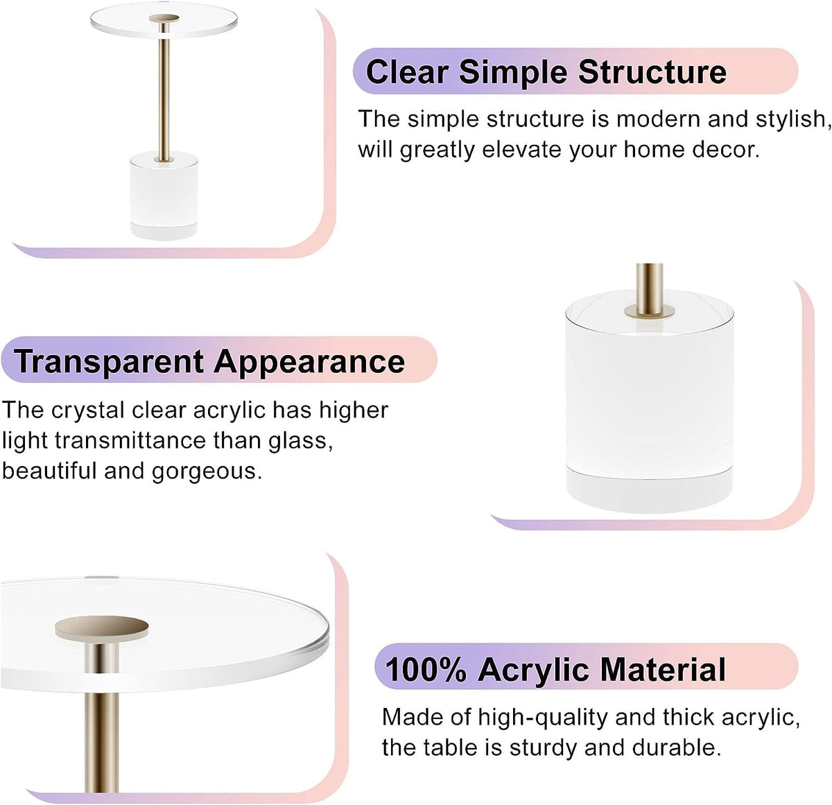 Royalcraft Acrylic Side Table, Small Gold Coffee Table with Brushed Brass Metal, Round Acrylic End Table  for Living Room Office